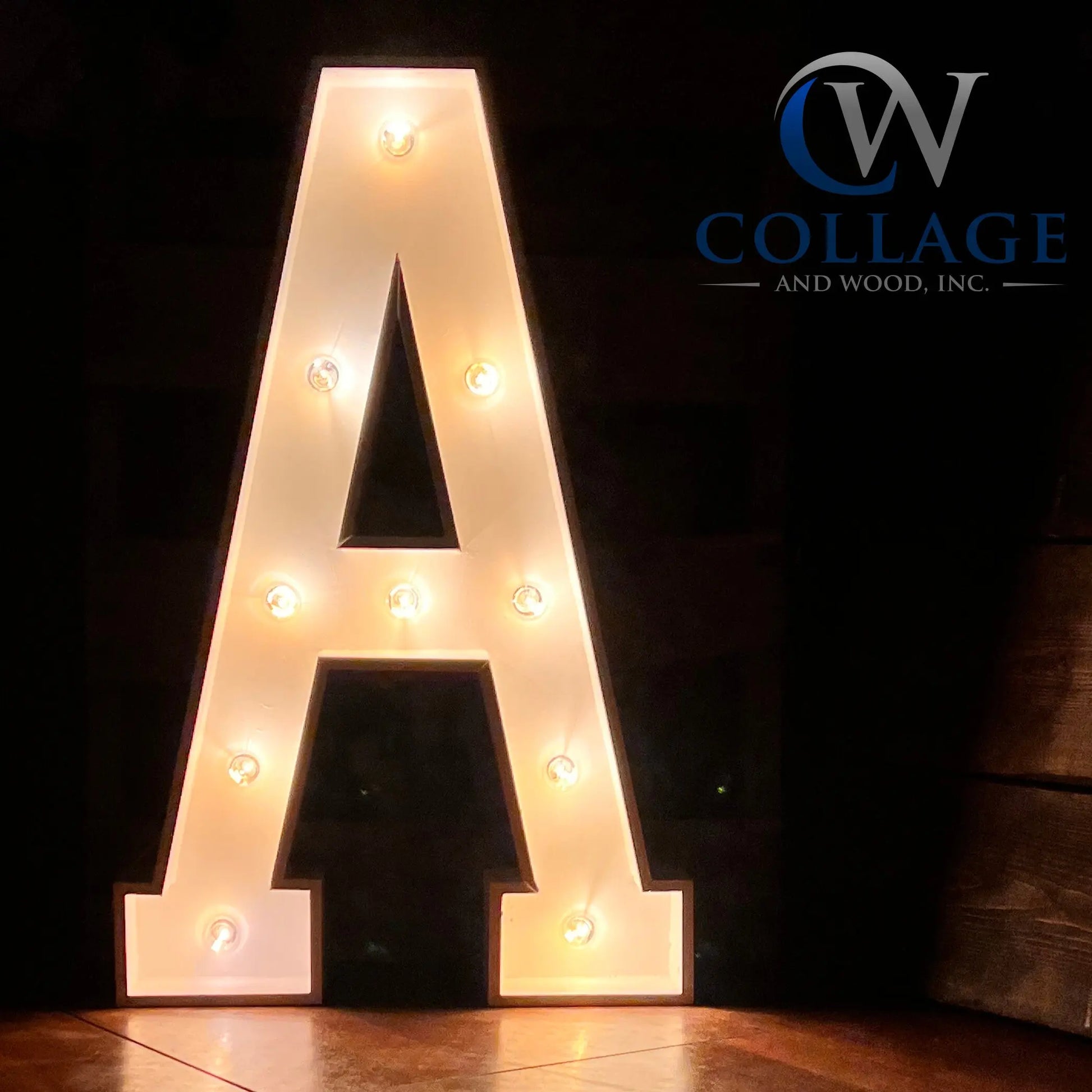 A - Amazingly crafted 3-foot tall wooden marquee letter A, elegantly painted white with brilliant battery-powered LED lights.