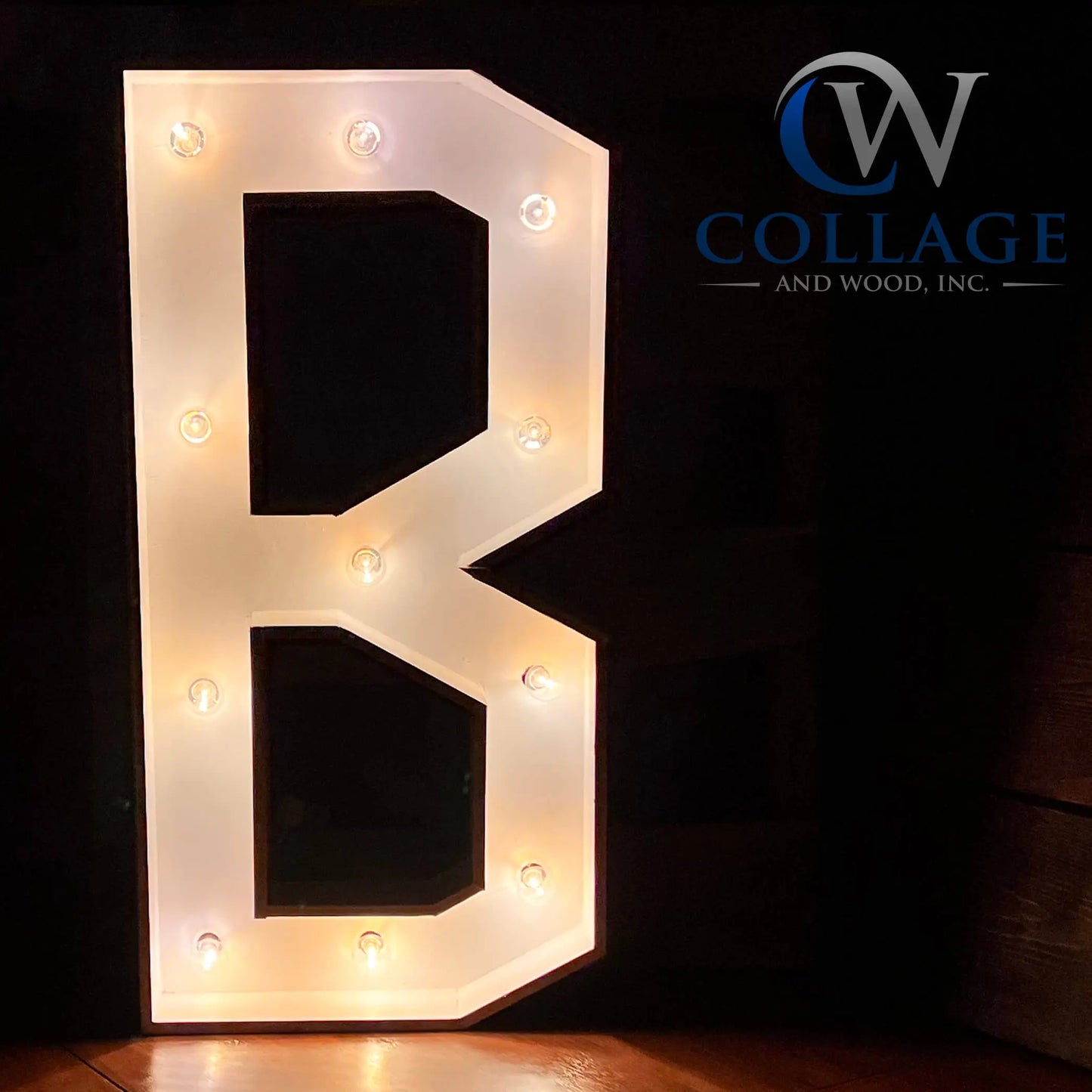 B - Beautifully designed wooden marquee letter B, standing 3 feet tall in a striking white finish, illuminated by energy-efficient LED lights.