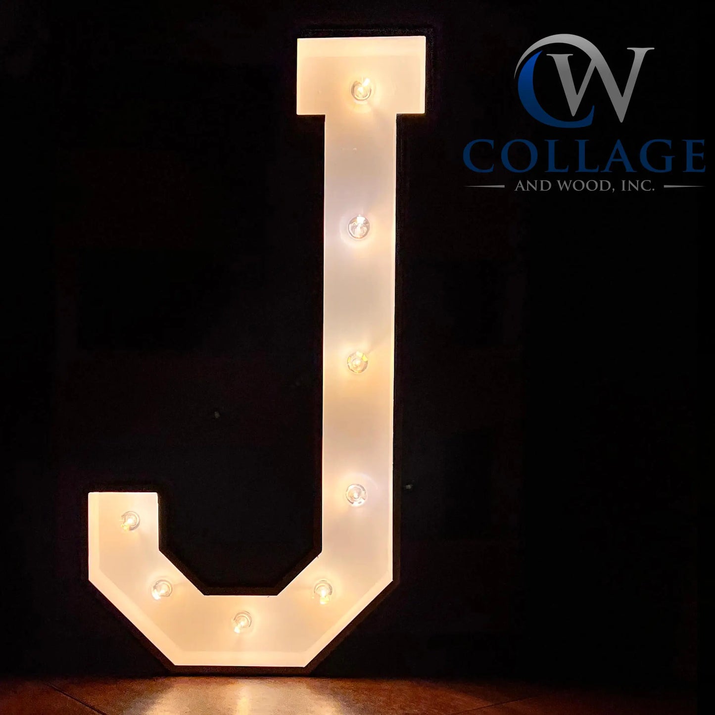 Joyful wooden marquee letter J, standing tall at 3 feet, in a sleek white finish, illuminated by radiant LED lights.