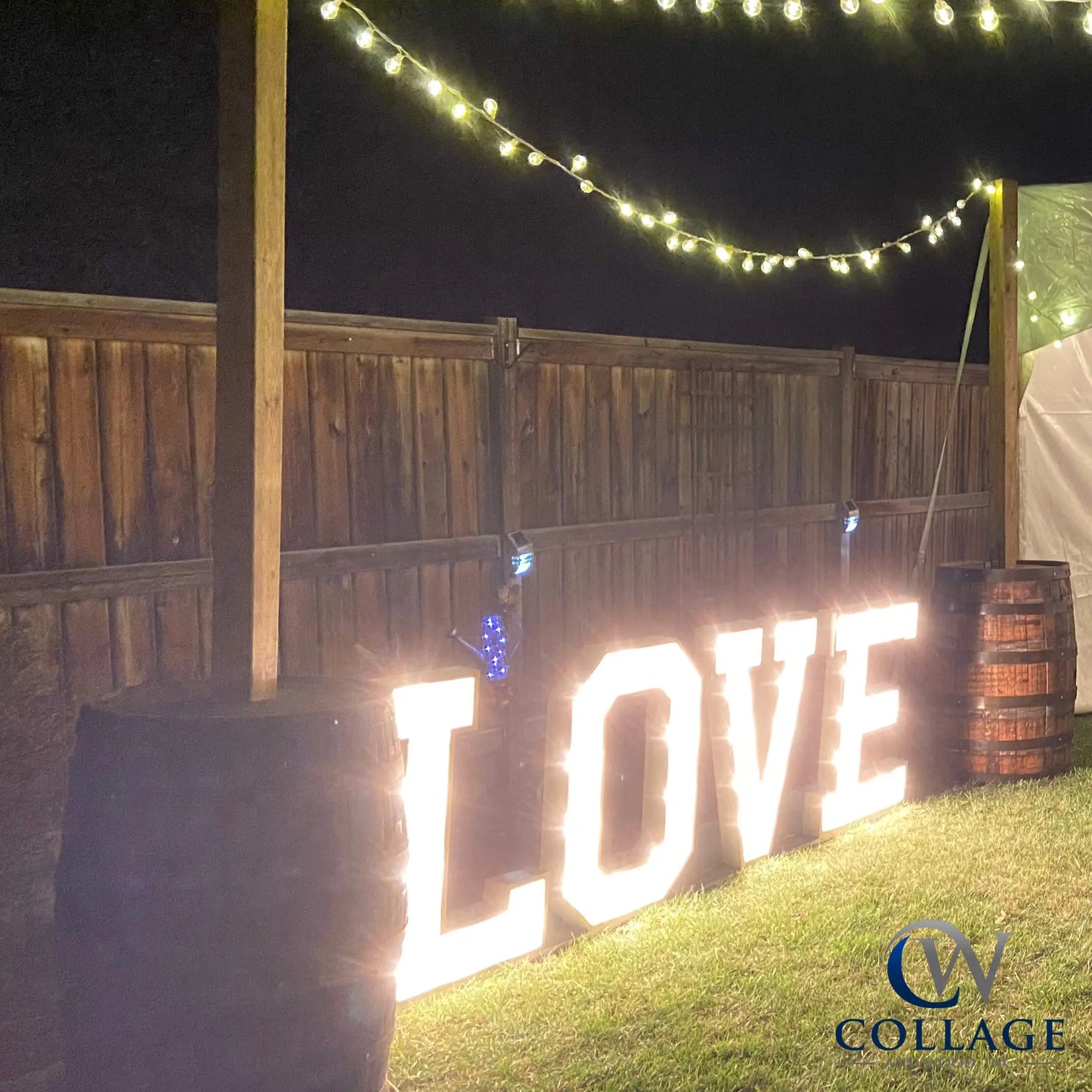 LOVE - Lively wooden marquee spelling LOVE, standing 3 feet tall in a pristine white finish, brilliantly lit by battery-powered LED lights. Perfect for adding a touch of warmth and romance to any setting."