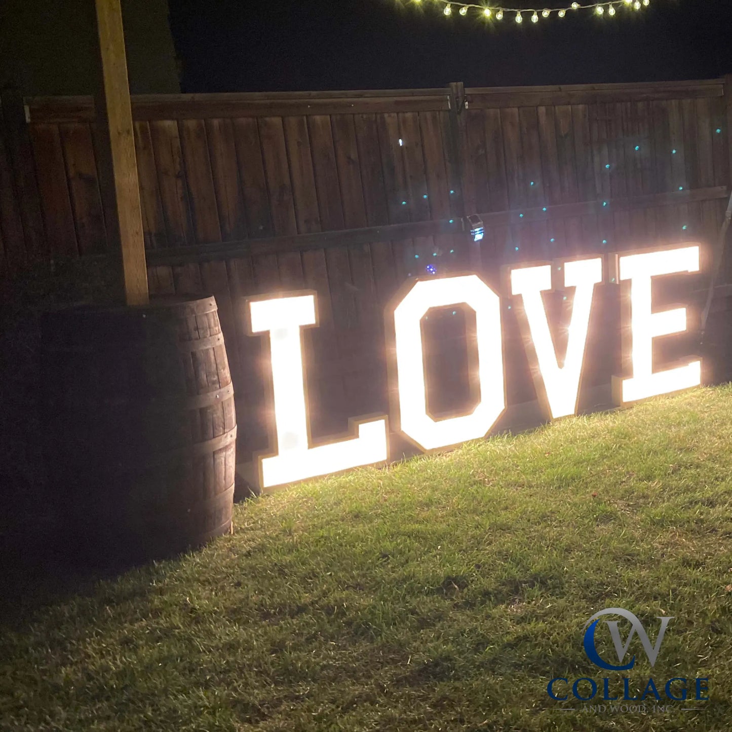 rustic and elegant  Elegant 3-foot tall wooden marquee"love" letters, finished in a smooth white hue, illuminated by vibrant LED lights.