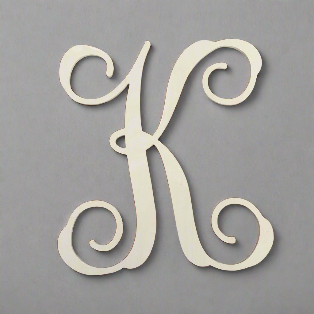 Elegant wooden monogram letter K with swirling script design, ideal for personalized home decor or as a unique decorative accent in a nursery or entryway.