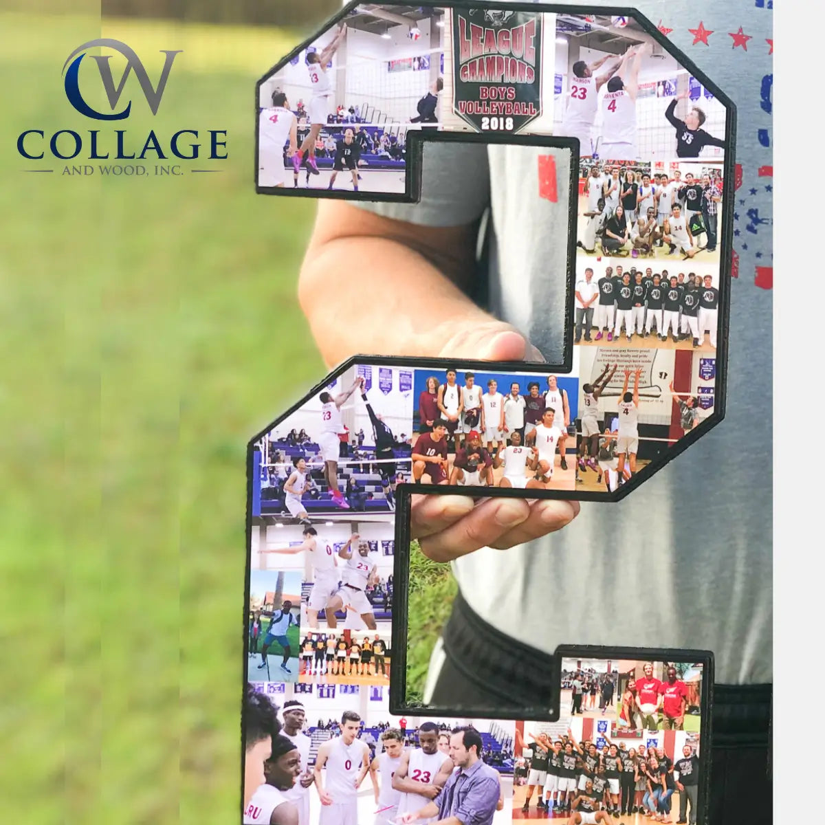 Jon Waddell holding a collage of sports photos with CW Collage and Wood, Inc. logo.