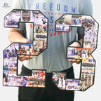 Jon Waddell holding a collage of sports photos shaped like the number 23 from collageandwood.com.