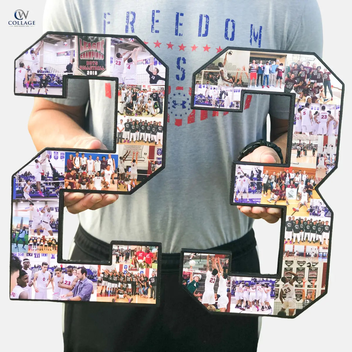 Jon Waddell holding a collage of sports photos shaped like the number 23 from collageandwood.com.
