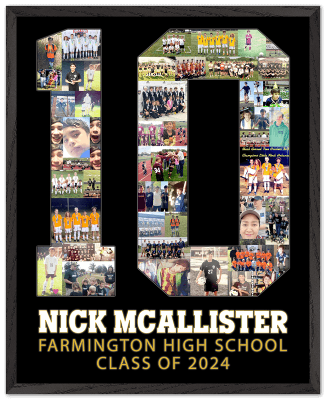 Soccer Posters Ideas they will LOVE! Customize this poster! Pictured is #10 covered with photos with name, high school, graduating class, and featuring school colors.