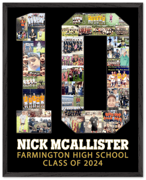 Soccer Posters Ideas they will LOVE! Customize this poster! Pictured is #10 covered with photos with name, high school, graduating class, and featuring school colors. Available at collageandwood.com.