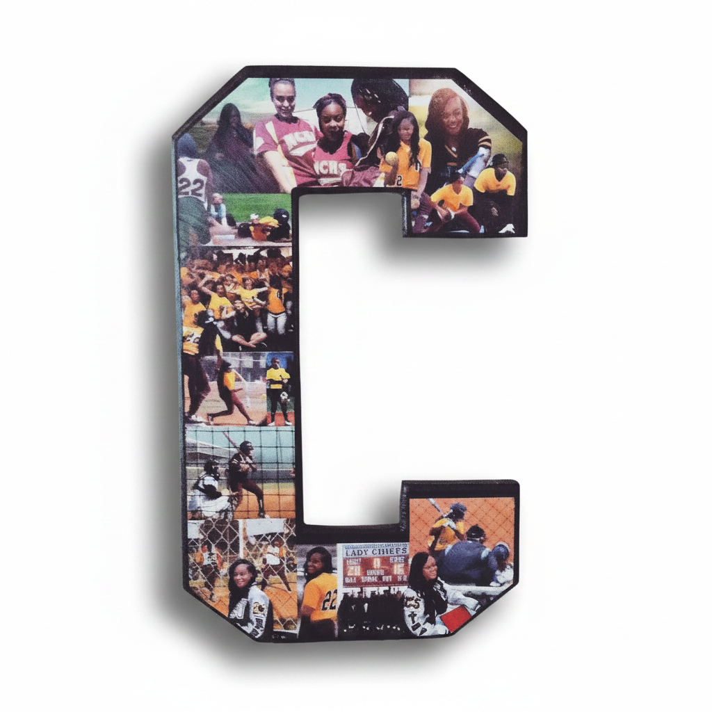 Sofball Collage in the shape of a letter "C" from CollageandWood.com.