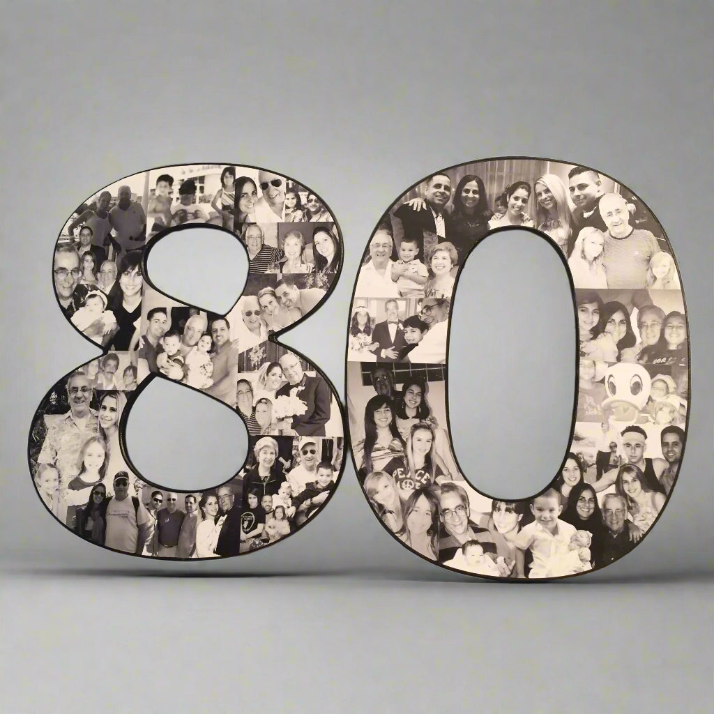 A black-and-white photo collage shaped like the number 80 sits on a wooden table against a light-colored wall. The collage is filled with cherished family memories, making it a wonderful mom birthday gift that celebrates a loved one’s life. This unique keepsake is more fun than a spa day and a perfect way to honor such a special age.