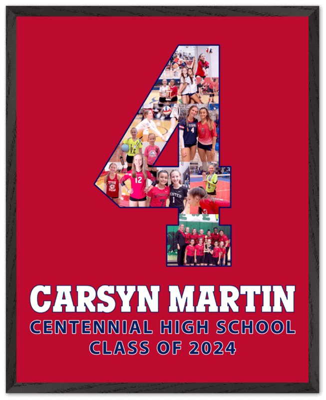 Volleyball Senior Night Gifts They Will Love; Pictured is custom #4 collage for a senior volleyball player with name, school, and graduation year.