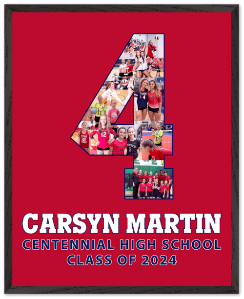 Volleyball Senior Night Gifts They Will Love; Pictured is custom #4 collage for a senior volleyball player with name, school, and graduation year.