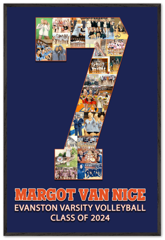 Gifts For Volleyball Players: Customize our jersey number posters for your graduating seniors! Pictured is #7 jersey number collage poster.