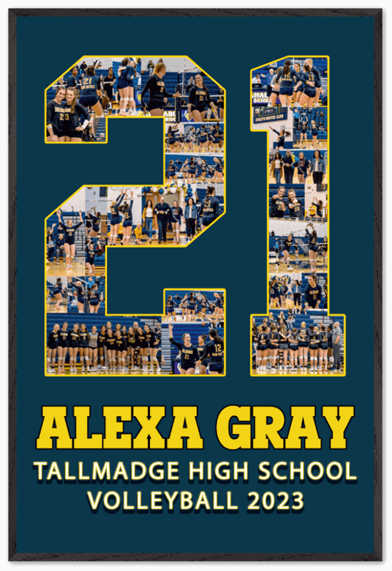 Senior Night Volleyball ideas: Cover your favorite senior player's jersey number with pictures! Customize the background color, athlete name, high school or college name, and graduating year for a gift she will love!