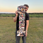 Jon Waddell of CollageandWood.com holds a tall, number-shaped photo collage filled with pictures of beach volleyball players, indoor volleyball players, and teammates wearing volleyball shoes, standing on a grassy field at sunset.”

This keeps the description accurate to the image while naturally weaving in the keywords: beach volleyball players, volleyball players, volleyball shoes, and indoor volleyball players.