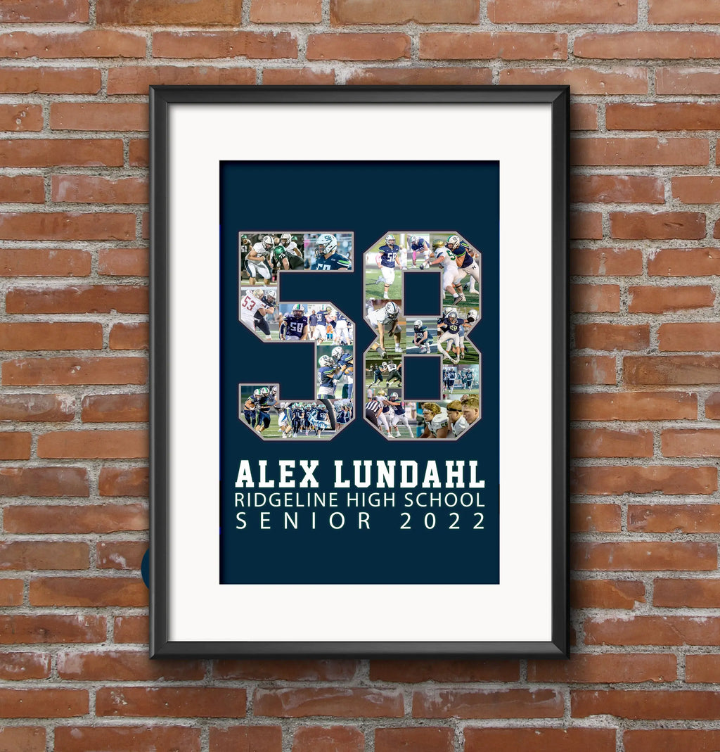Senior Football Gifts Idea: Customized poster for Number 58 that includes his name,  high school, and graduation year.