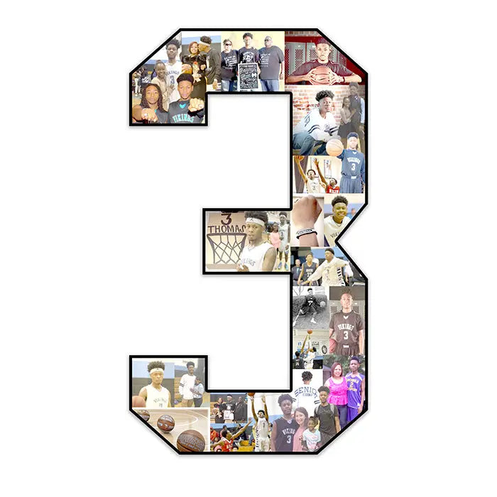 12-inch personalized number collage featuring the number 3, filled with basketball photos of a male athlete in action, team photos, championship moments, and family celebrations. Custom sports keepsake by Collage and Wood.