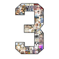 12-inch personalized number collage featuring the number 3, filled with basketball photos of a male athlete in action, team photos, championship moments, and family celebrations. Custom sports keepsake by Collage and Wood.