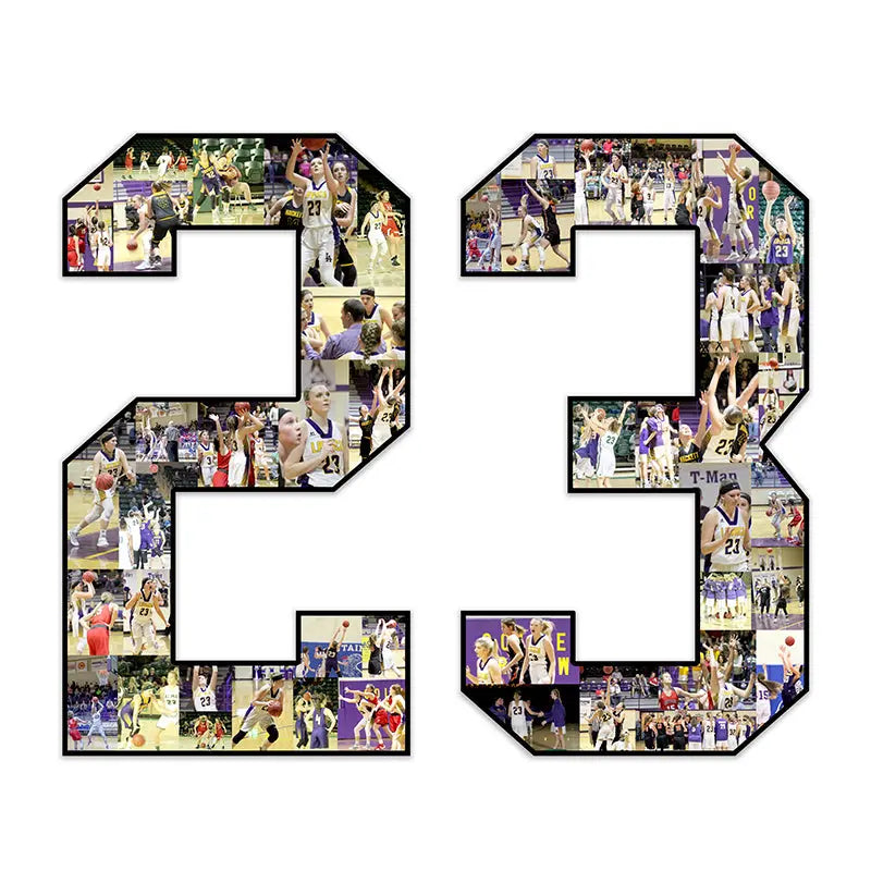 15-inch personalized number collage featuring the number 23, filled with basketball photos of a female athlete in action, team photos, championship moments, and family celebrations. Custom sports keepsake by Collage and Wood.