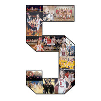 18-inch personalized number collage featuring the number 5, filled with basketball photos of a female athlete in action, team photos, championship moments, and family celebrations. Custom sports keepsake by Collage and Wood.