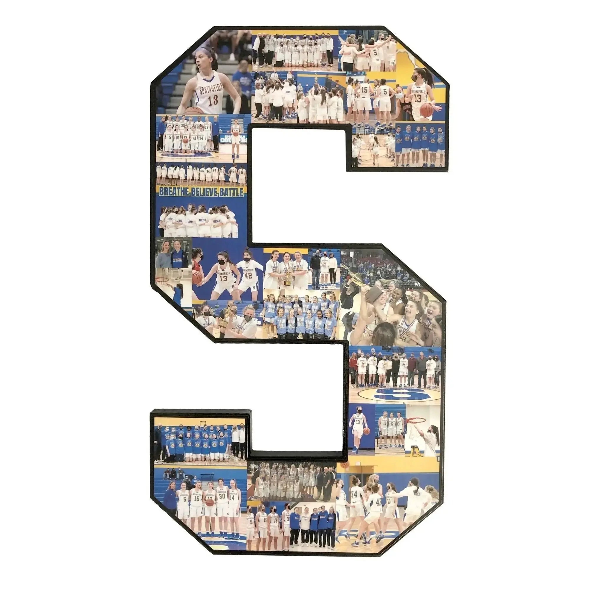 15-inch personalized number collage featuring the letter S, filled with basketball photos of a female athlete in action, team photos, championship moments, and family celebrations. Custom sports keepsake by Collage and Wood.