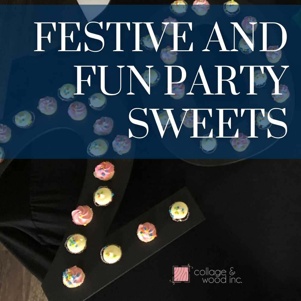 Graduation party cupcake number stands from CollageandWood.com. Text overlay: Festive and Fun Party Sweets.