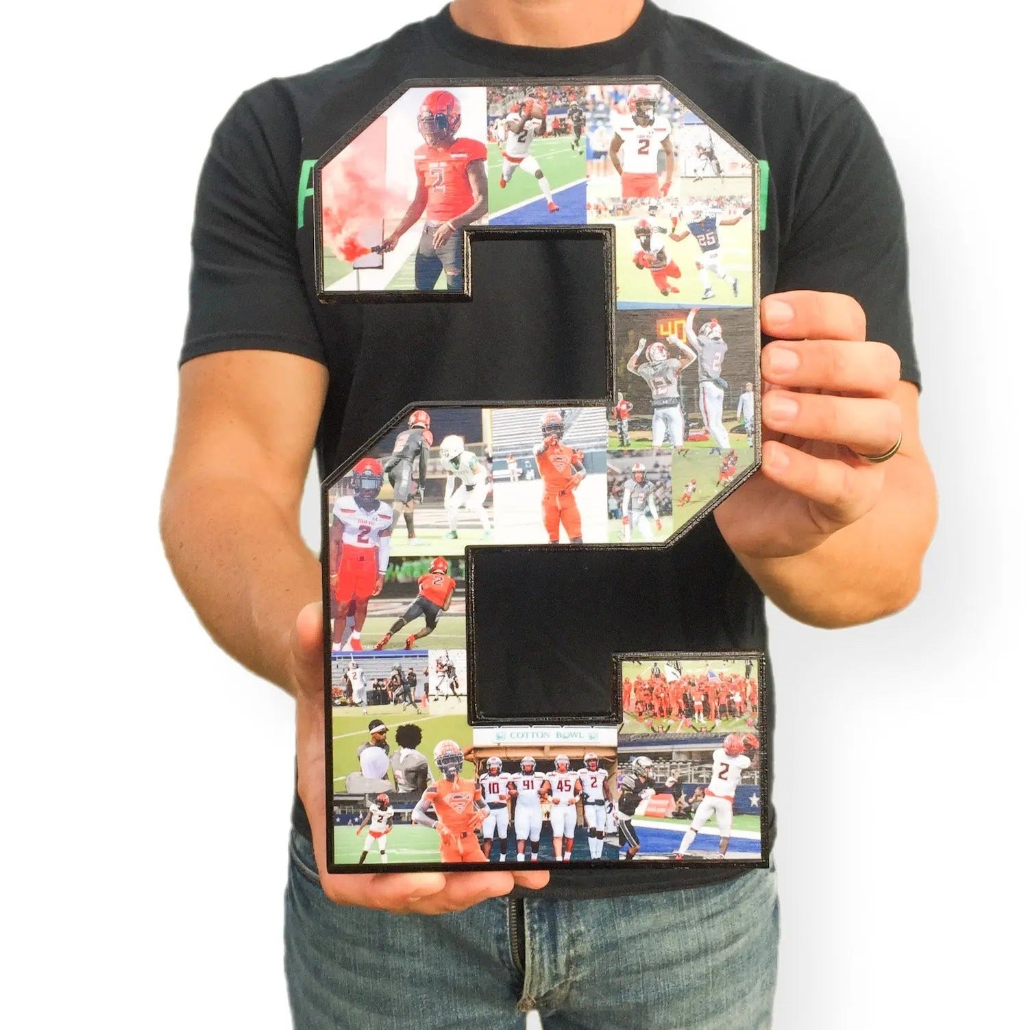 Senior Night Football Ideas, 12 inch #2 Football jersey number collage. Shop now at Collage and Wood!