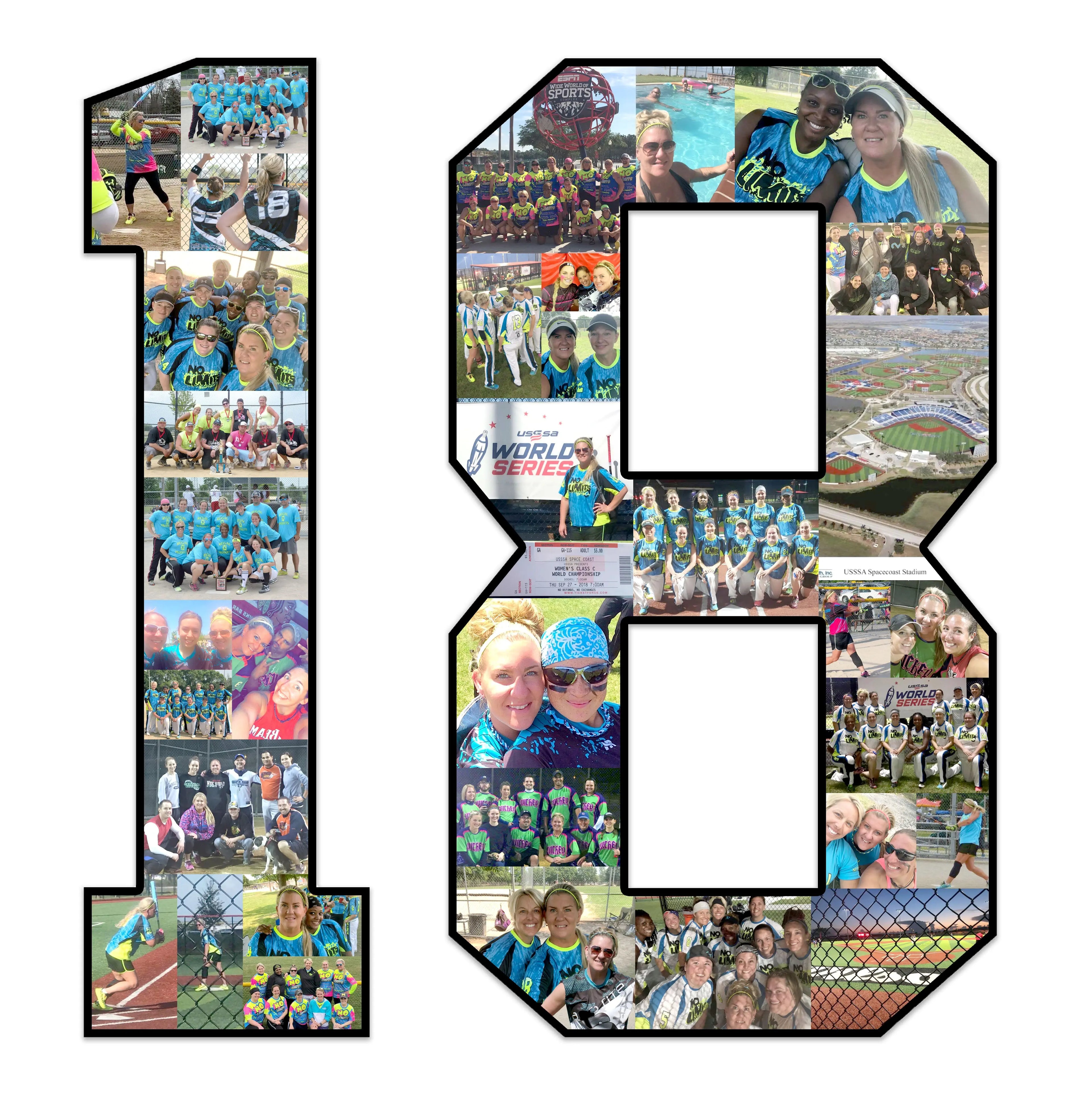 Collage number 18 for softball player. Covered with softball photos from the season.