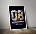 Volleyball senior night ideas: team posters for your volleyball seniors! Pictures is #08 collage with black background; poster is leaning against the wall.