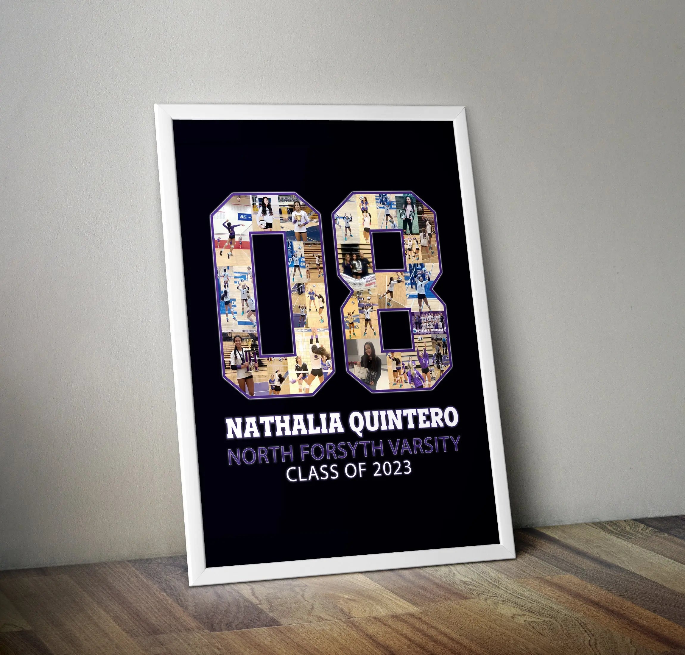 Volleyball senior night ideas: team posters for your volleyball seniors! Pictures is #08 collage with black background; poster is leaning against the wall.